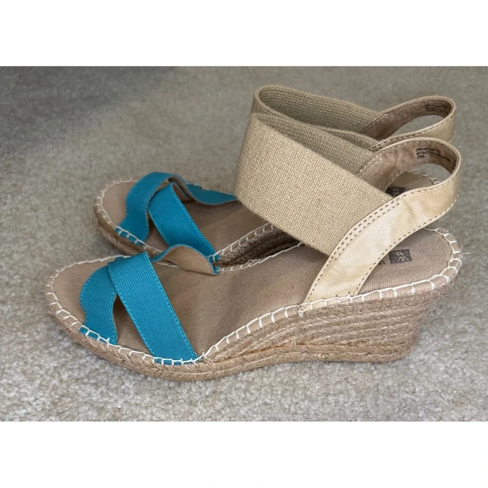 White‎ Mountain Laughline Teal Blue Tan Espadrille Wedge Sandals Womens 9M
